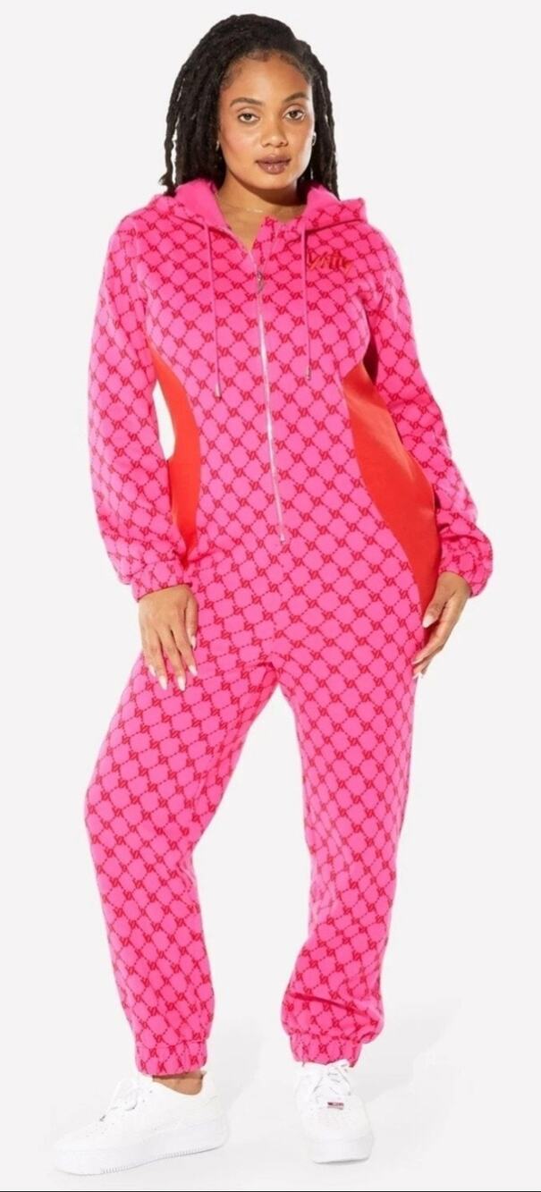 Yitty Plus 2X Jumpsuit Women's Pink Me Heart Pocket One-piece Hooded Fleece Zip
